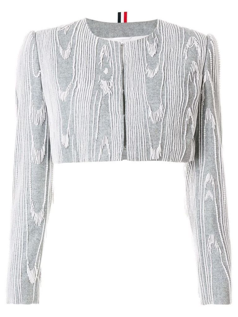 Thom Browne Pearl Fringe Moire Embroidery Cardigan Jacket - Grey