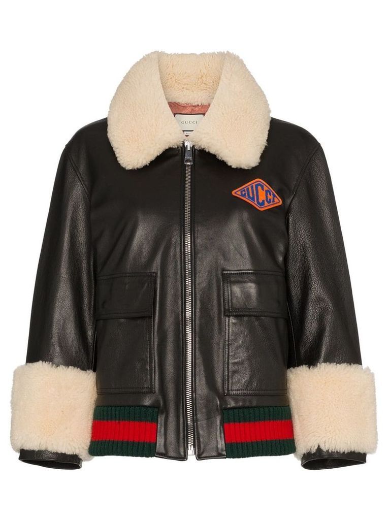 Gucci logo patch shearling trim leather bomber jacket - Black