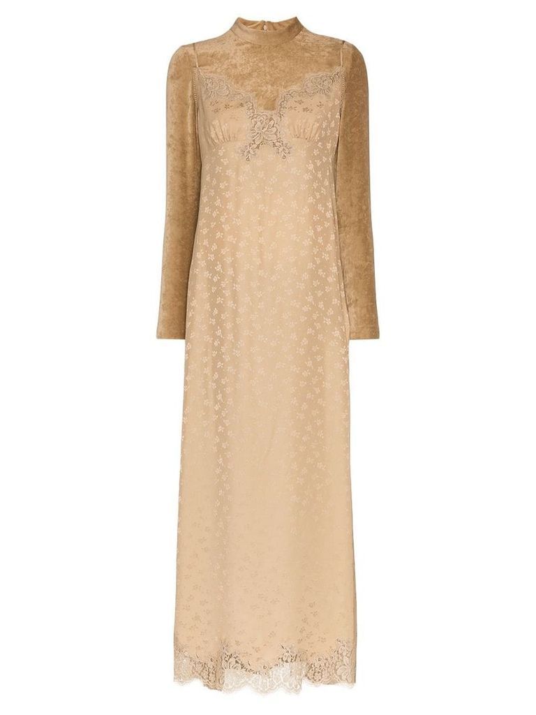 Stella McCartney high neck lace velvet silk blend dress - NEUTRALS