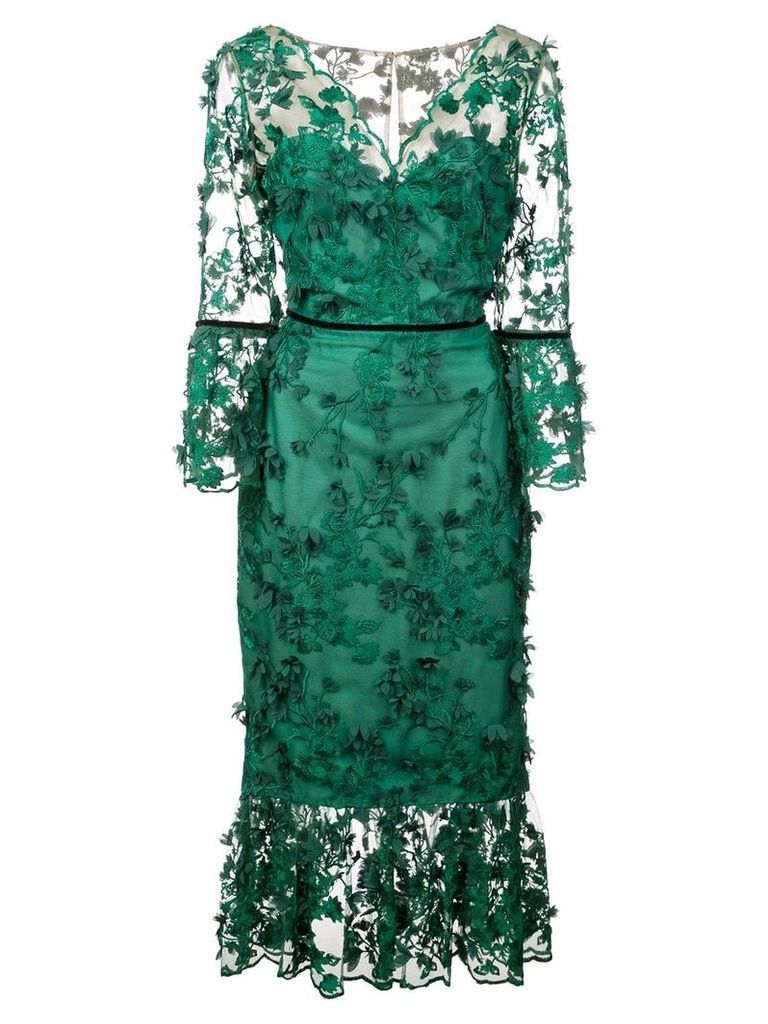 Marchesa Notte embroidered midi tea dress - Green