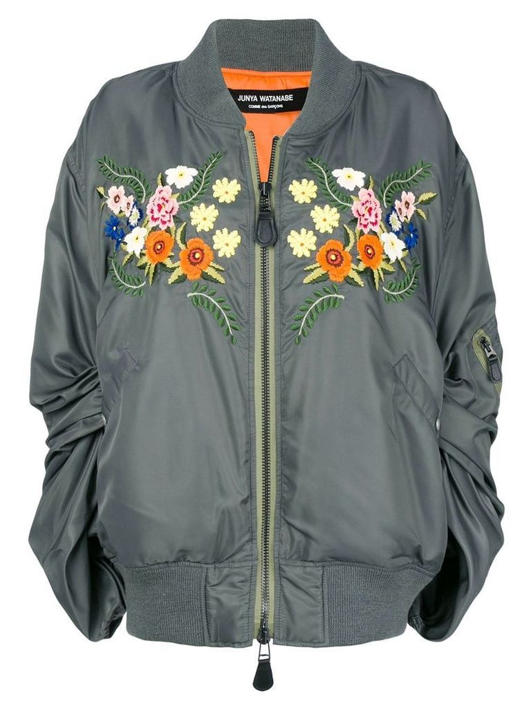 Junya Watanabe ruched sleeve embroidered floral bomber jacket - Green