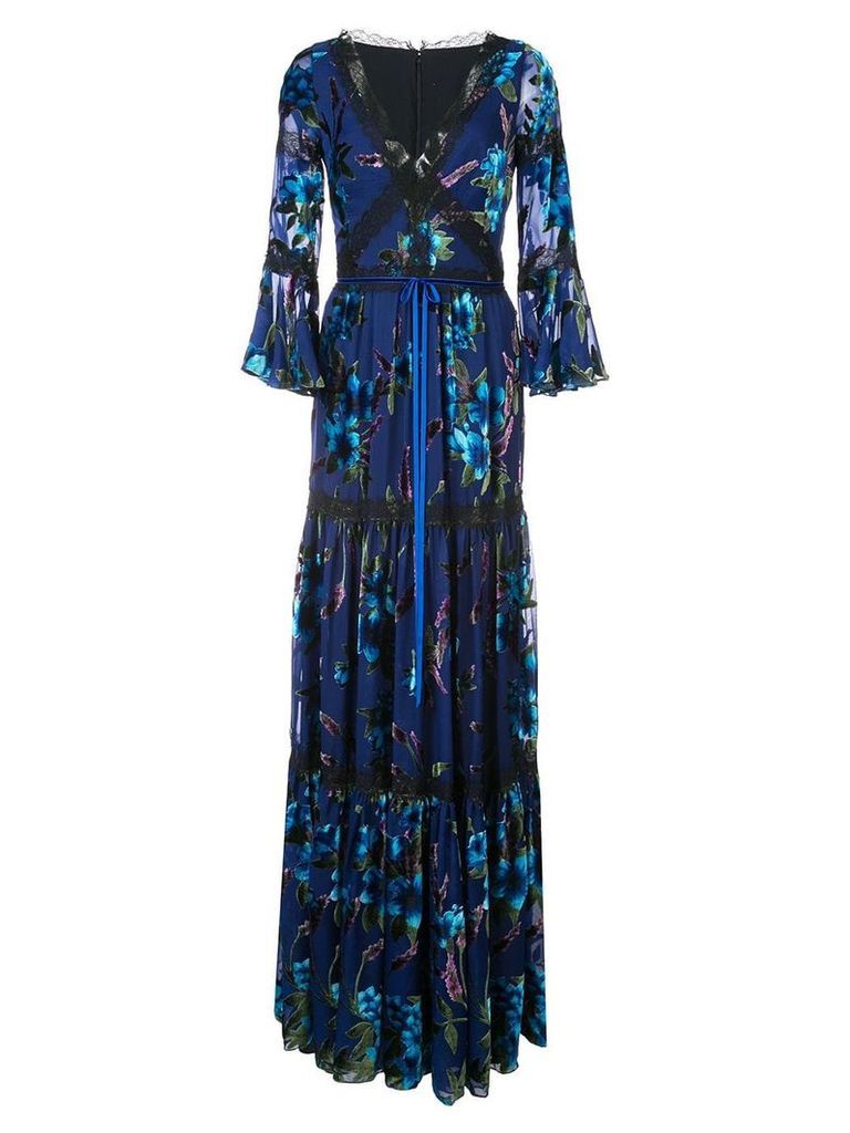 Marchesa Notte metallic floral pattern dress - Blue