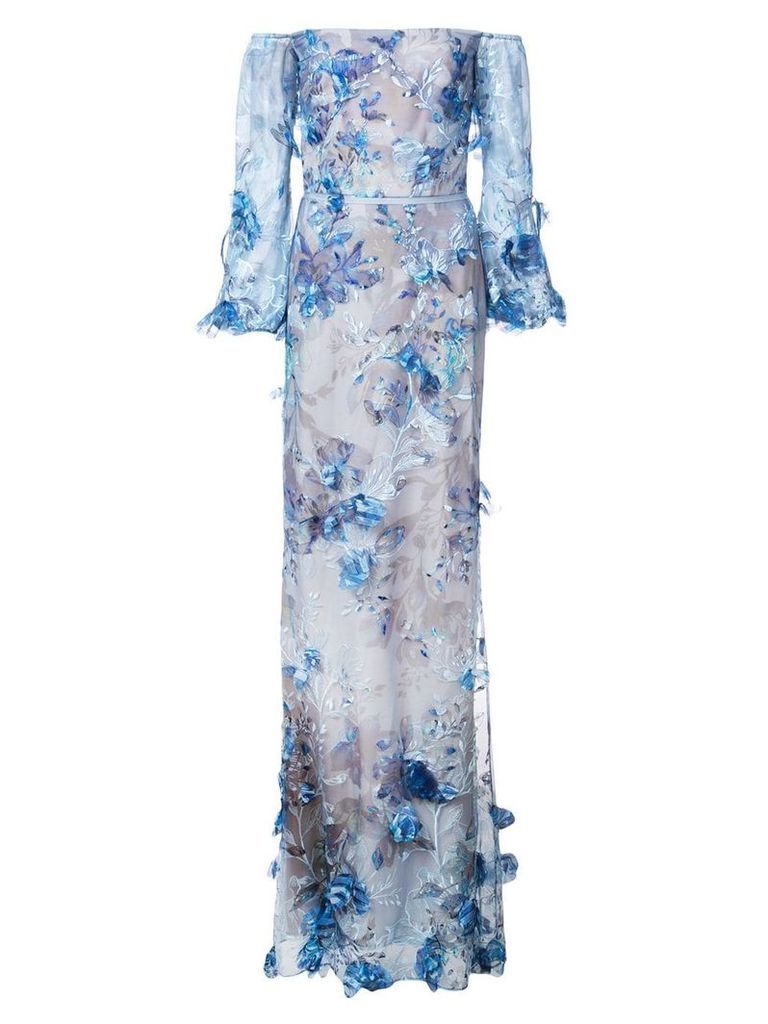 Marchesa Notte floral embroidered gown - Blue
