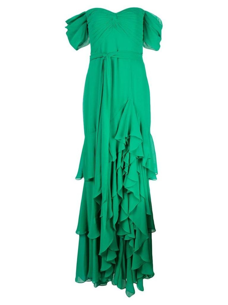 Badgley Mischka off-shoulder tiered ruffle gown - Green