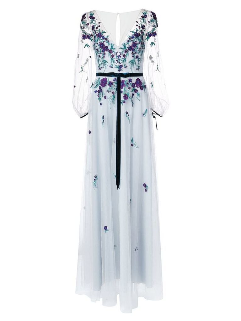 Marchesa Notte embroidered sheer sleeve dress - Blue