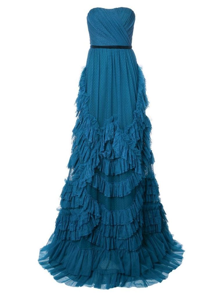Marchesa Notte ruffled strapless dress - Blue