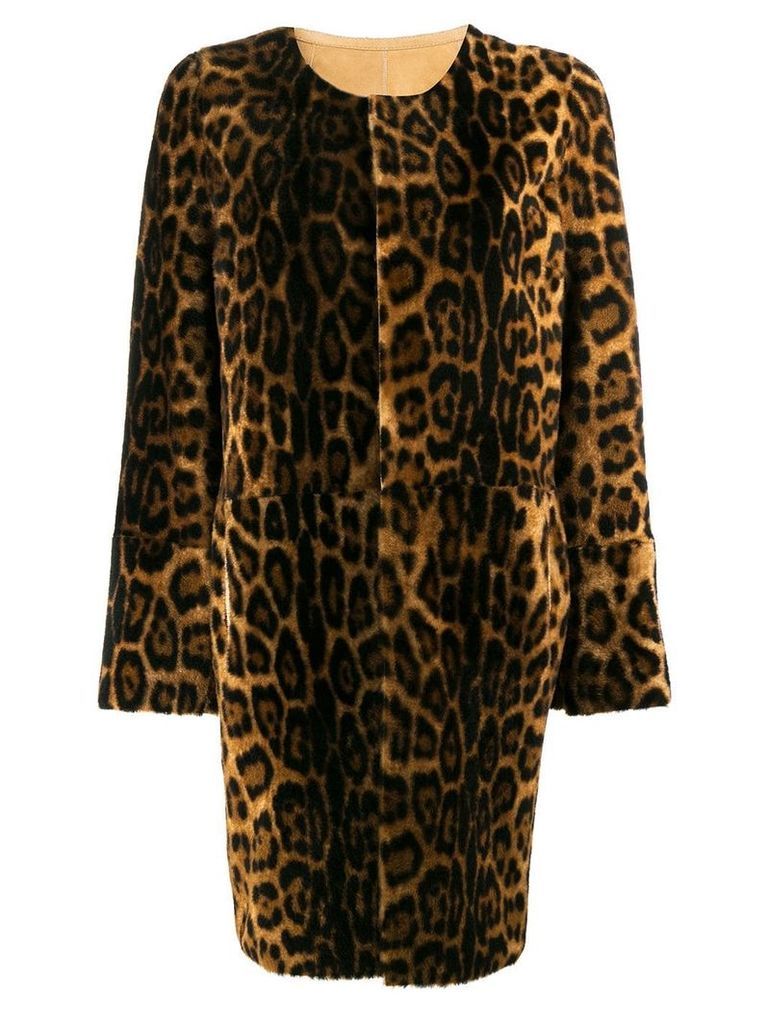 Yves Salomon leopard print shearling coat - Brown