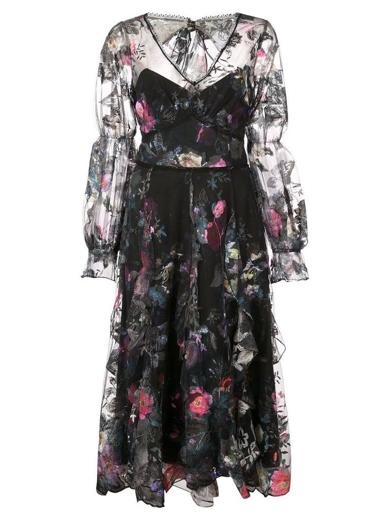 Marchesa Notte ruffle floral dress - Black