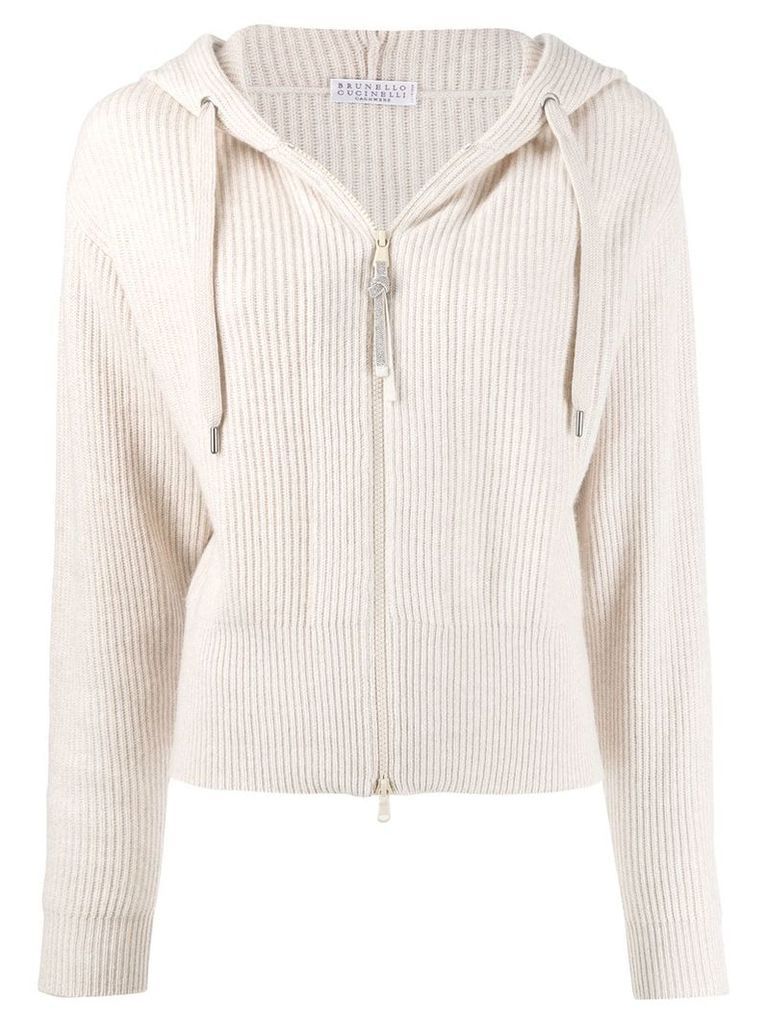 Brunello Cucinelli ribbed knit hooded cardigan - NEUTRALS