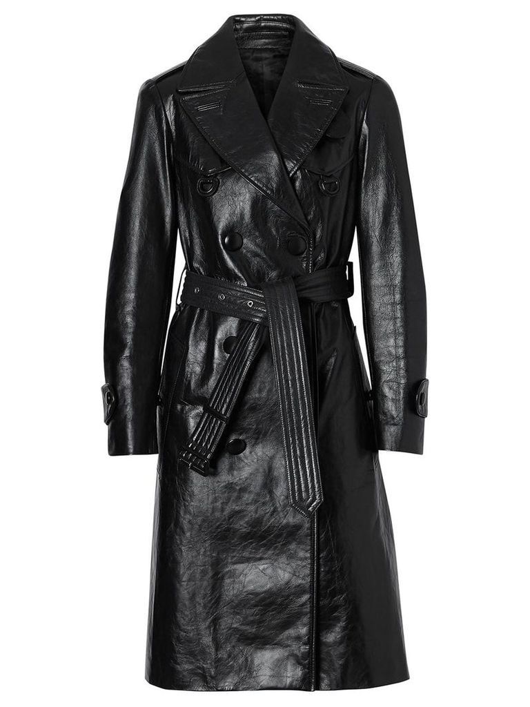 Burberry D-ring Detail Crinkled Leather Trench Coat - Black