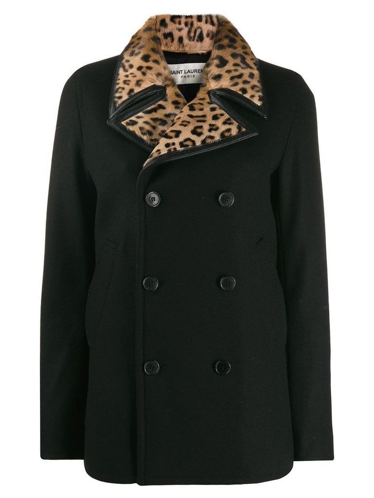 Saint Laurent leopard print collar double-breasted coat - Black