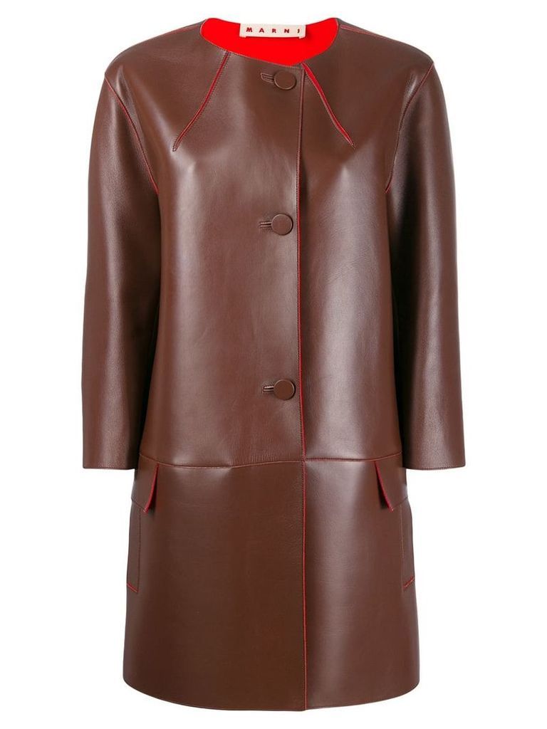 Marni leather collarless coat - Brown