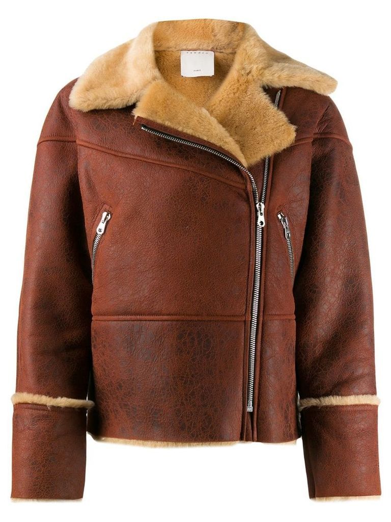 Sandro Paris fur-trimmed biker jacket - Brown
