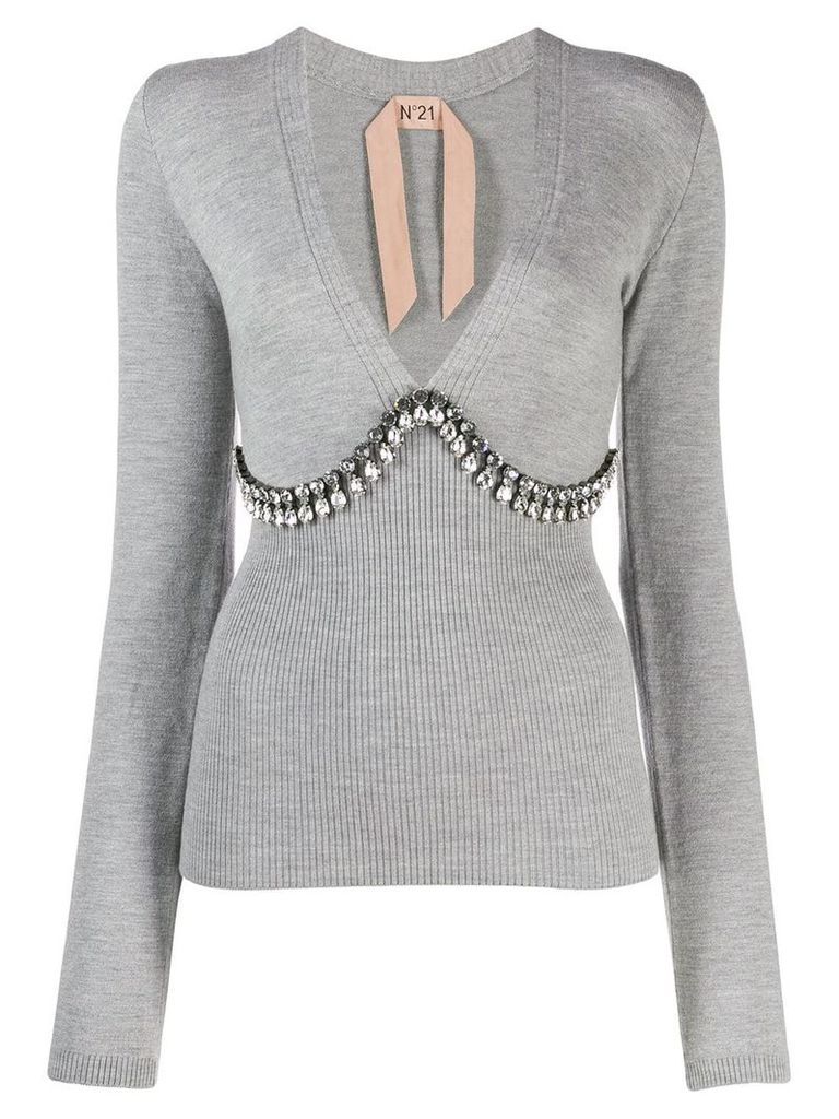 Nº21 crystal embellished v-neck sweater - Grey