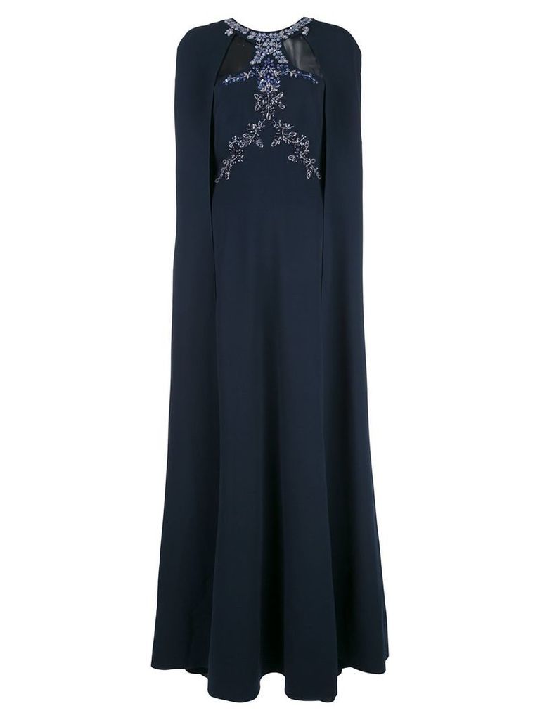 Marchesa Notte bead embroidered crepe cape gown - Blue