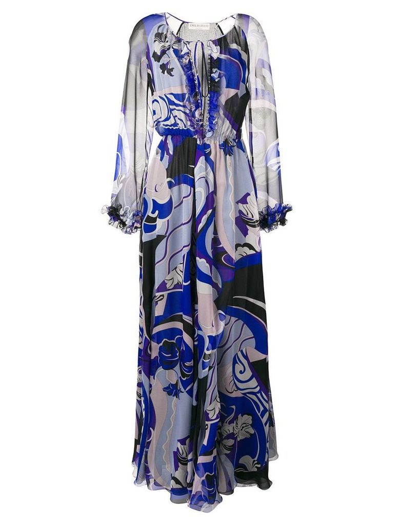 Emilio Pucci Hanami Print Ruffle Front Silk Dress - Blue