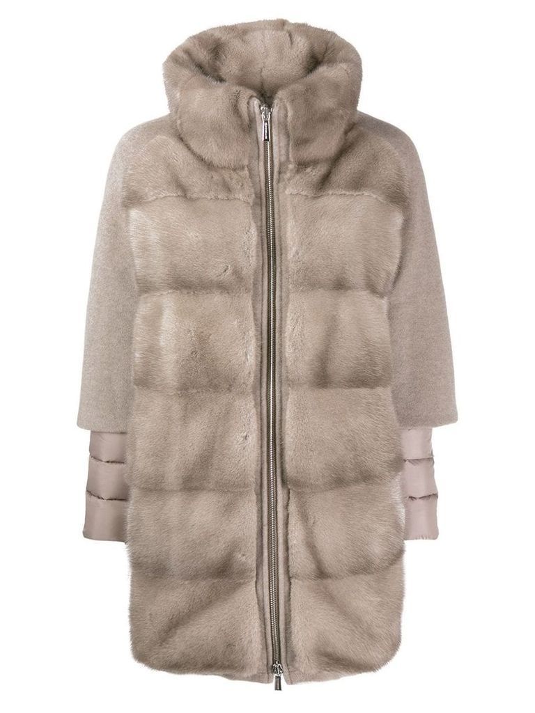 Moorer panelled faux fur coat - NEUTRALS