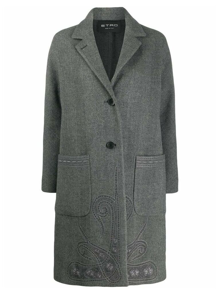 Etro embroidered single breasted coat - Grey