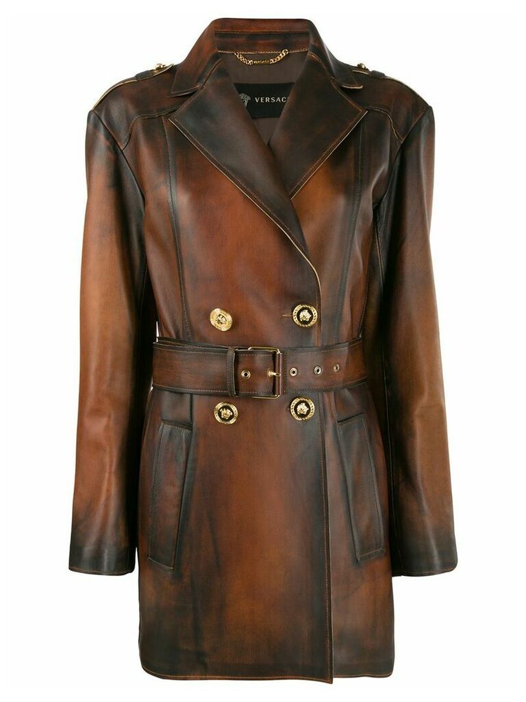 Versace belted distressed-leather coat - Brown