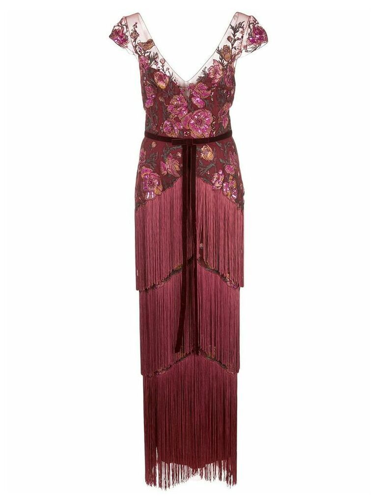 Marchesa Notte floral-embroidered fringed gown