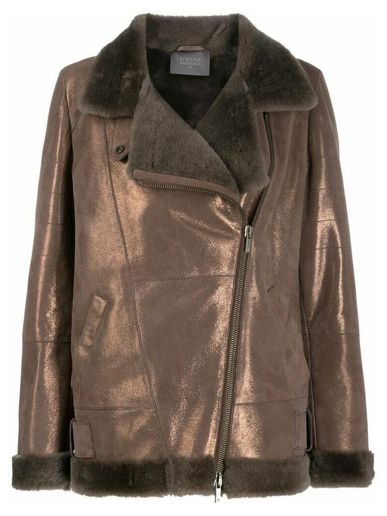 Lorena Antoniazzi metallic leather biker jacket - Brown