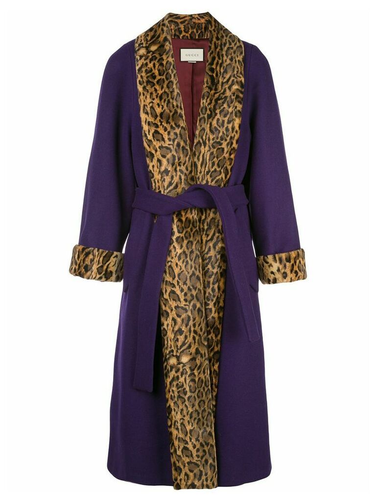 Gucci leopard print trimmed belted coat - PURPLE