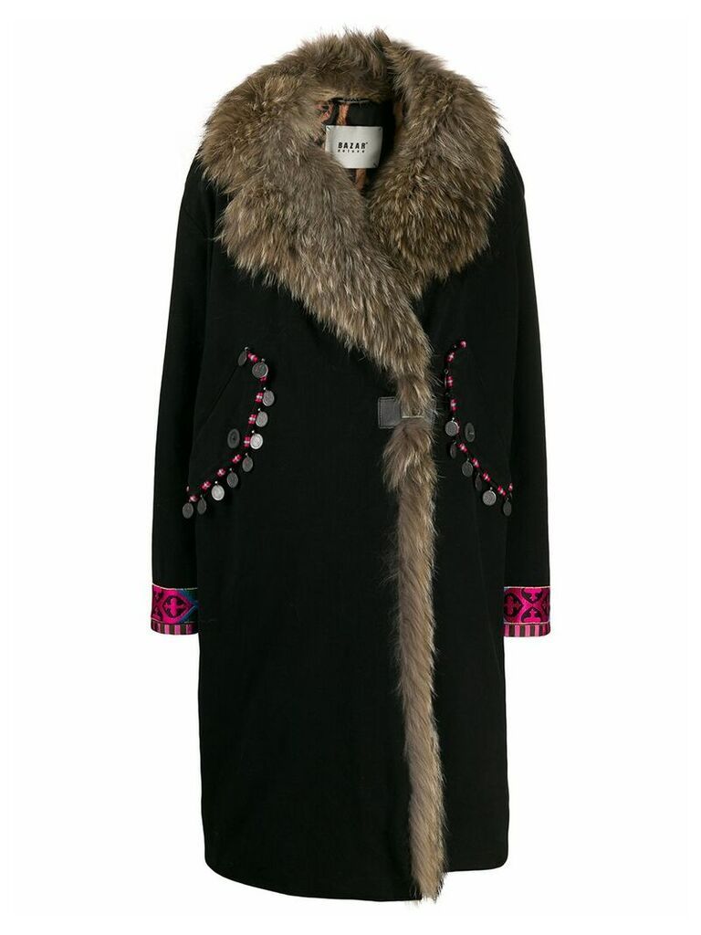 Bazar Deluxe faux fur trim wrap coat - Black