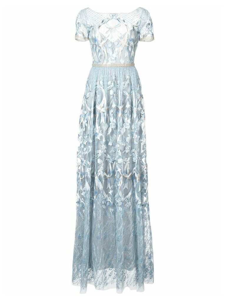 Marchesa Notte embroidered plunge back gown - Blue
