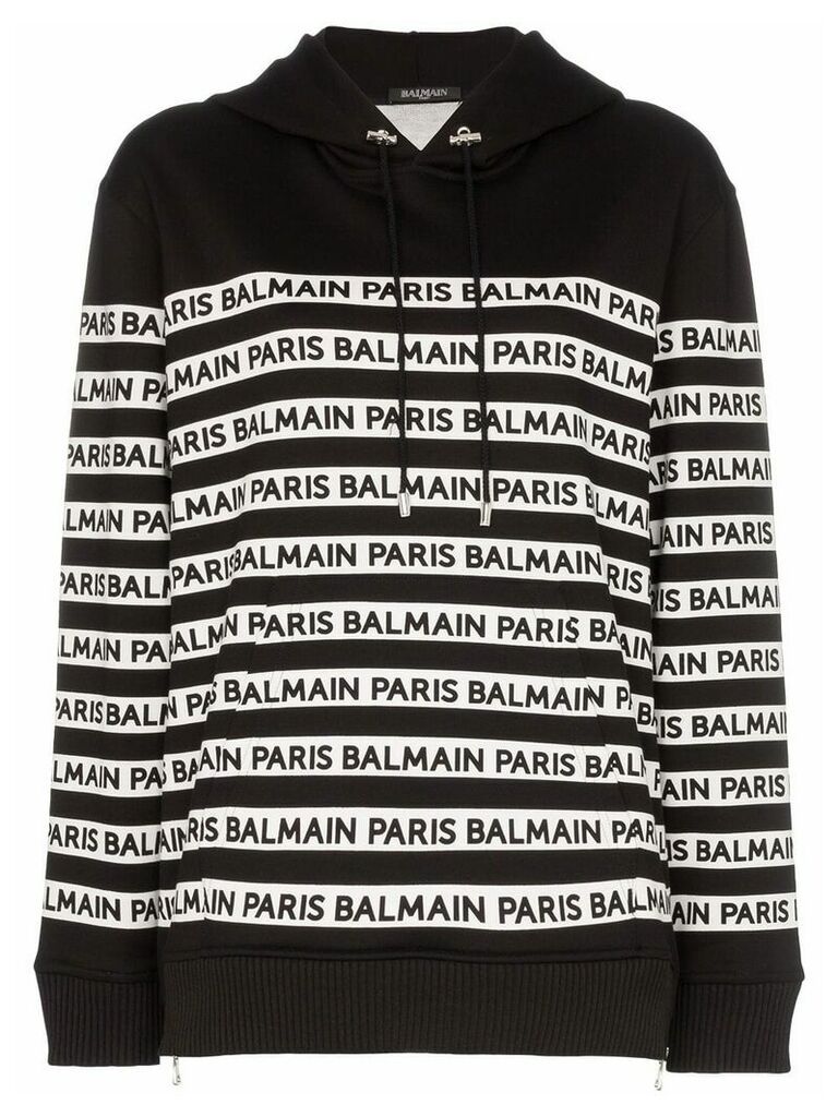 Balmain logo print tape cotton hoodie - Black