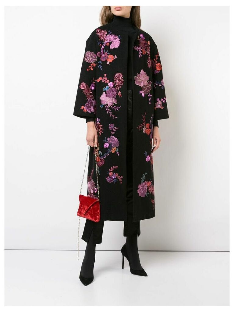 Josie Natori floral embroidered felted coat - Black