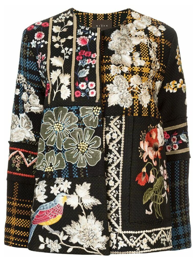Biyan floral-embroidered tweed jacket - Black