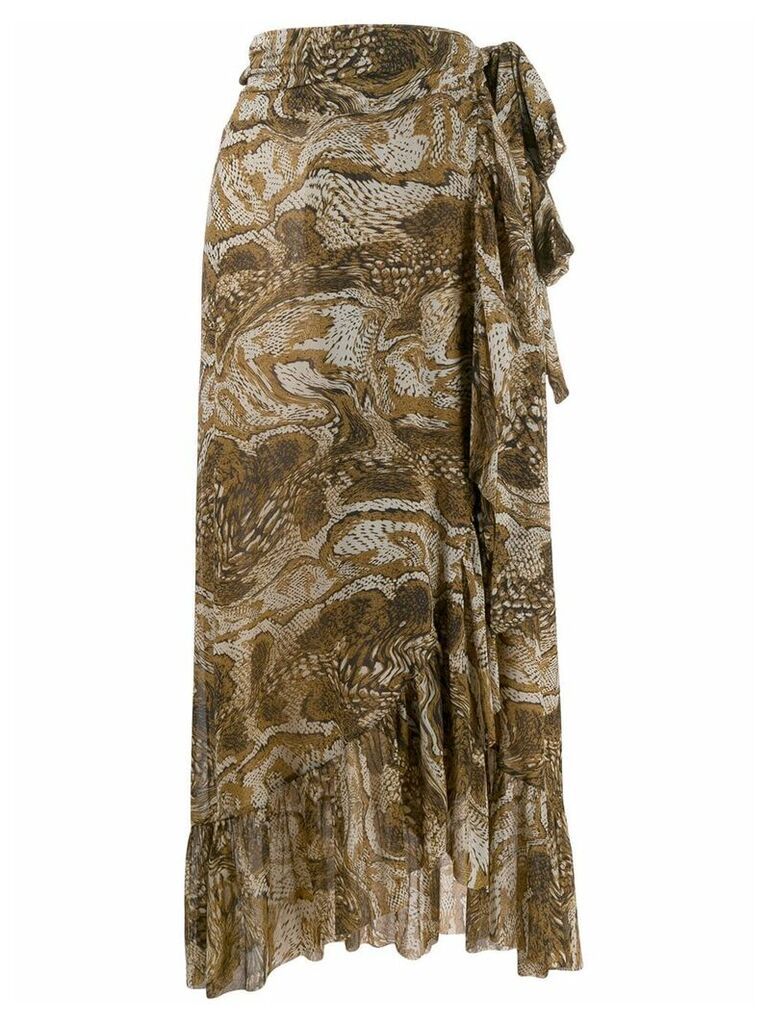 GANNI ruffled trim snakeskin print skirt - Brown