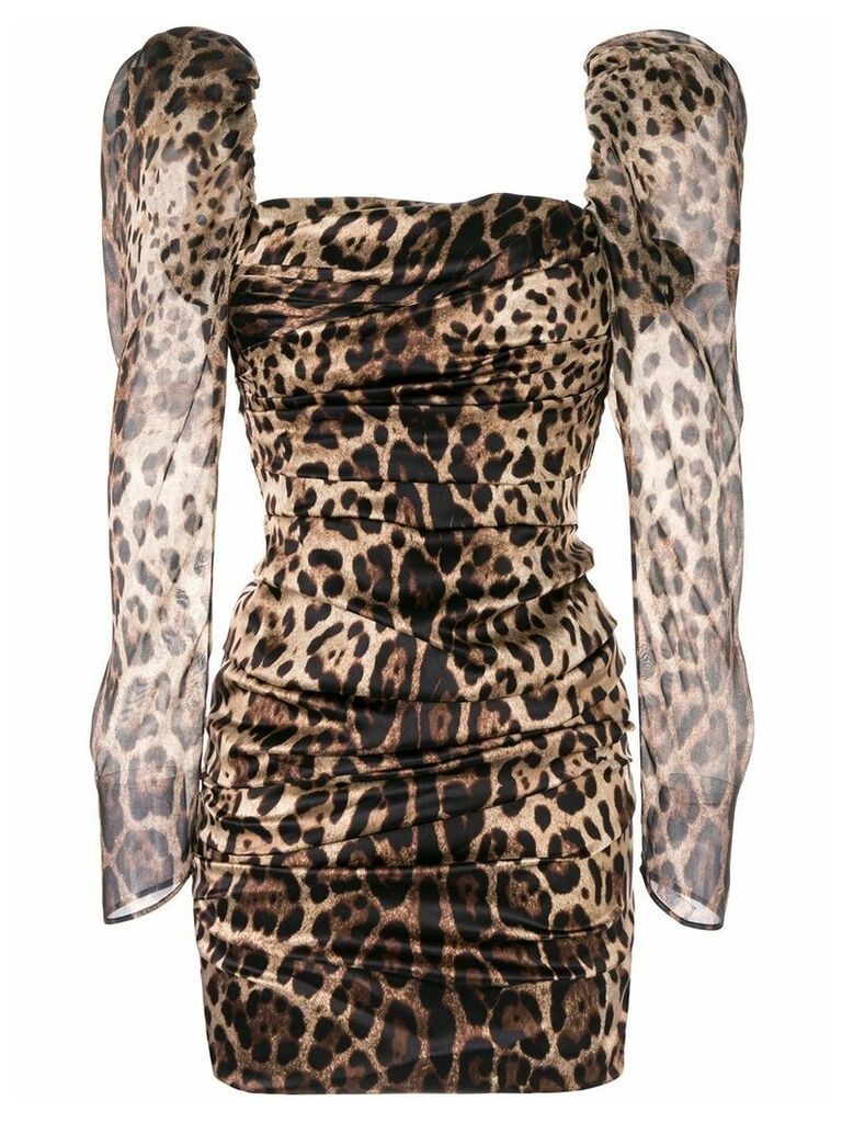 Dolce & Gabbana leopard print puff shoulder dress - Brown