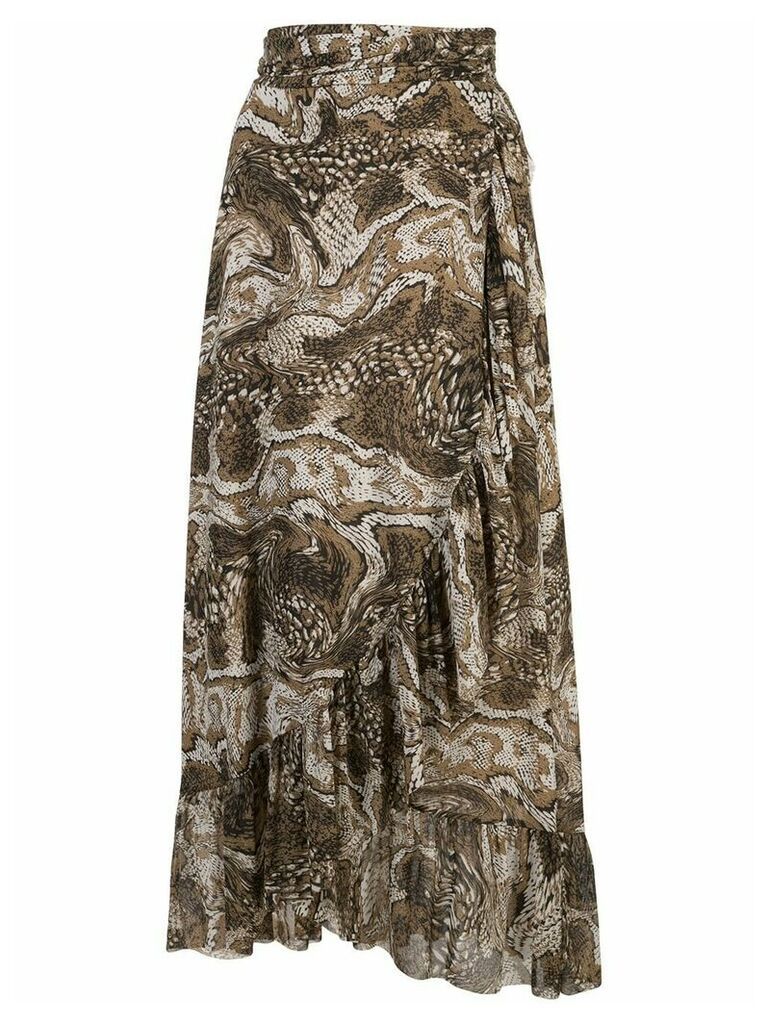 Ganni marbled snake-effect wrap skirt - Brown