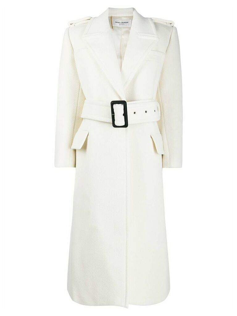 Saint Laurent oversized herringbone belted coat - White
