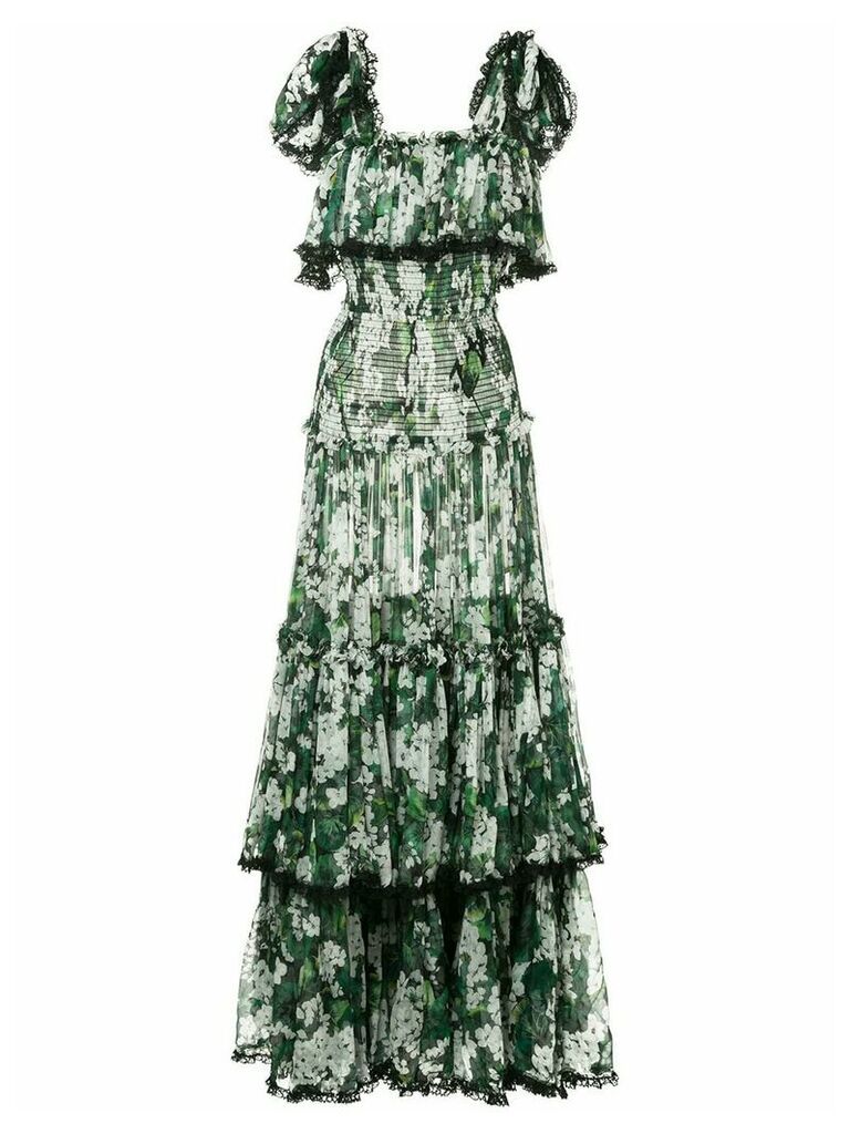 Dolce & Gabbana white geranium printed long tiered dress - Green