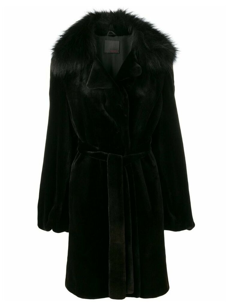 Liska belted fur timmed coat - Black