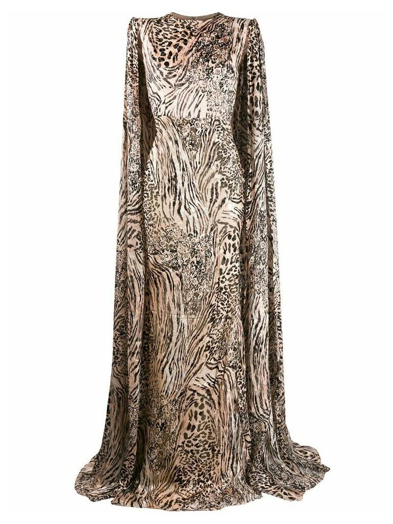 Alex Perry leopard print cape sleeve gown - NEUTRALS