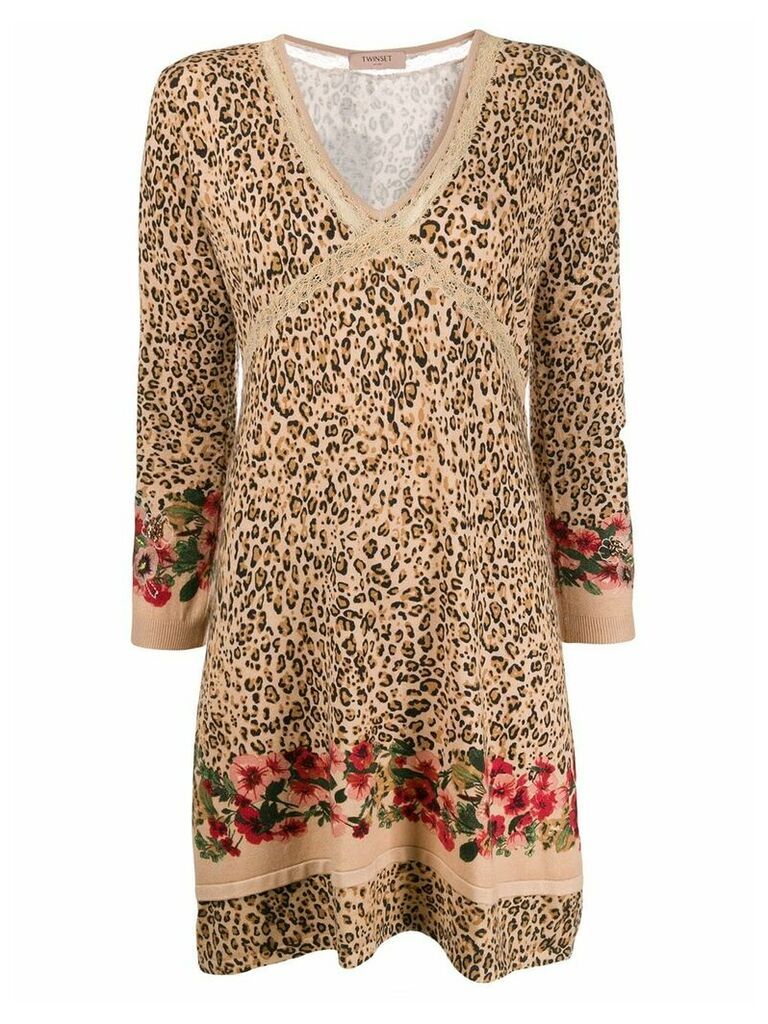 Twin-Set V-neck leopard print dress - Brown