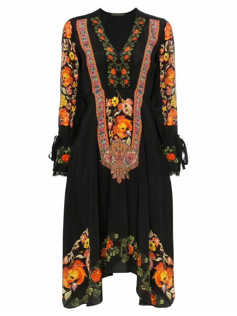 Etro Floral print lace trim silk V-neck dress - Black