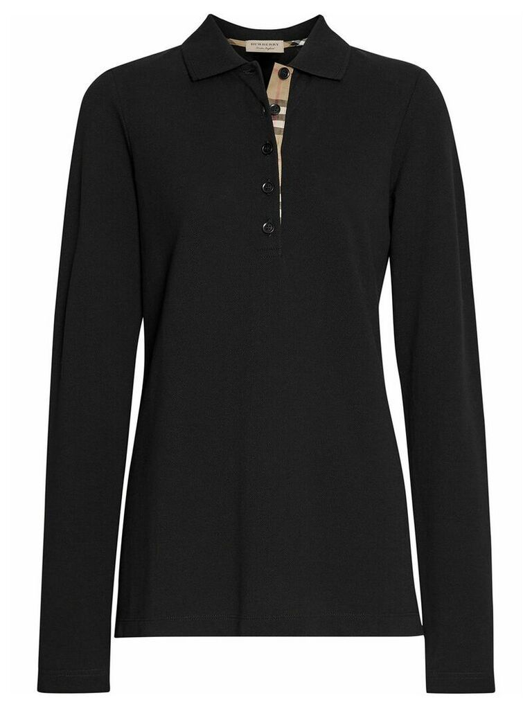 Burberry Long-sleeve Check Placket Cotton Piqué Polo Shirt - Black
