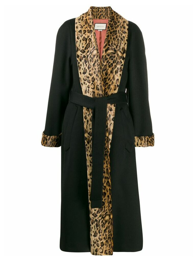 Gucci leopard print trim oversized coat - Black