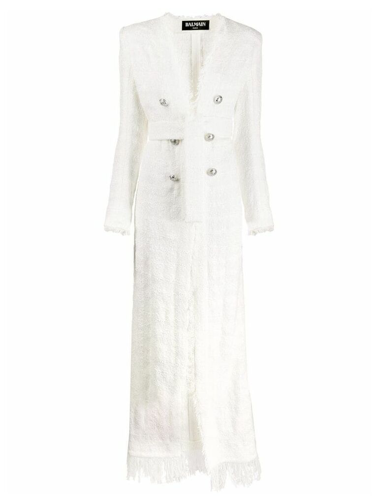 Balmain long double-breasted tweed coat - White