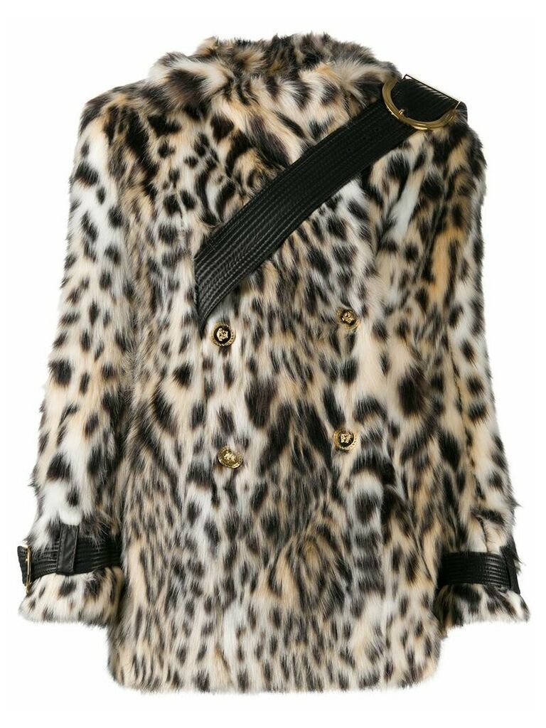 Versace double-breasted leopard print faux-fur coat - White