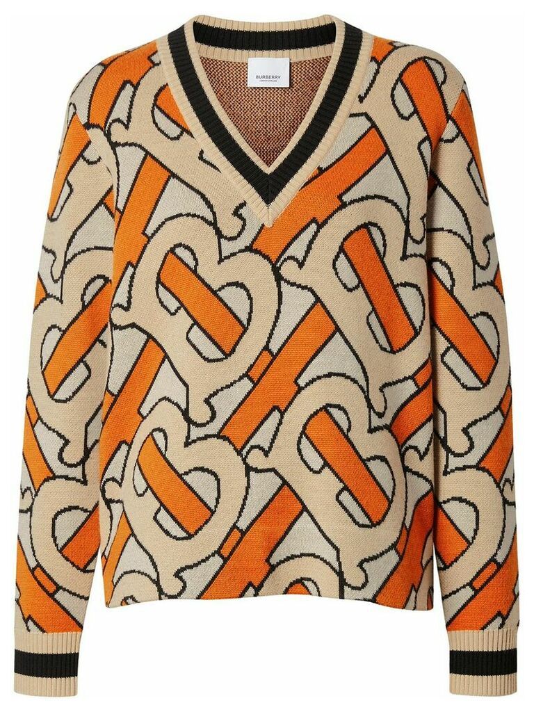 Burberry Monogram Intarsia Wool V-neck Sweater - ORANGE