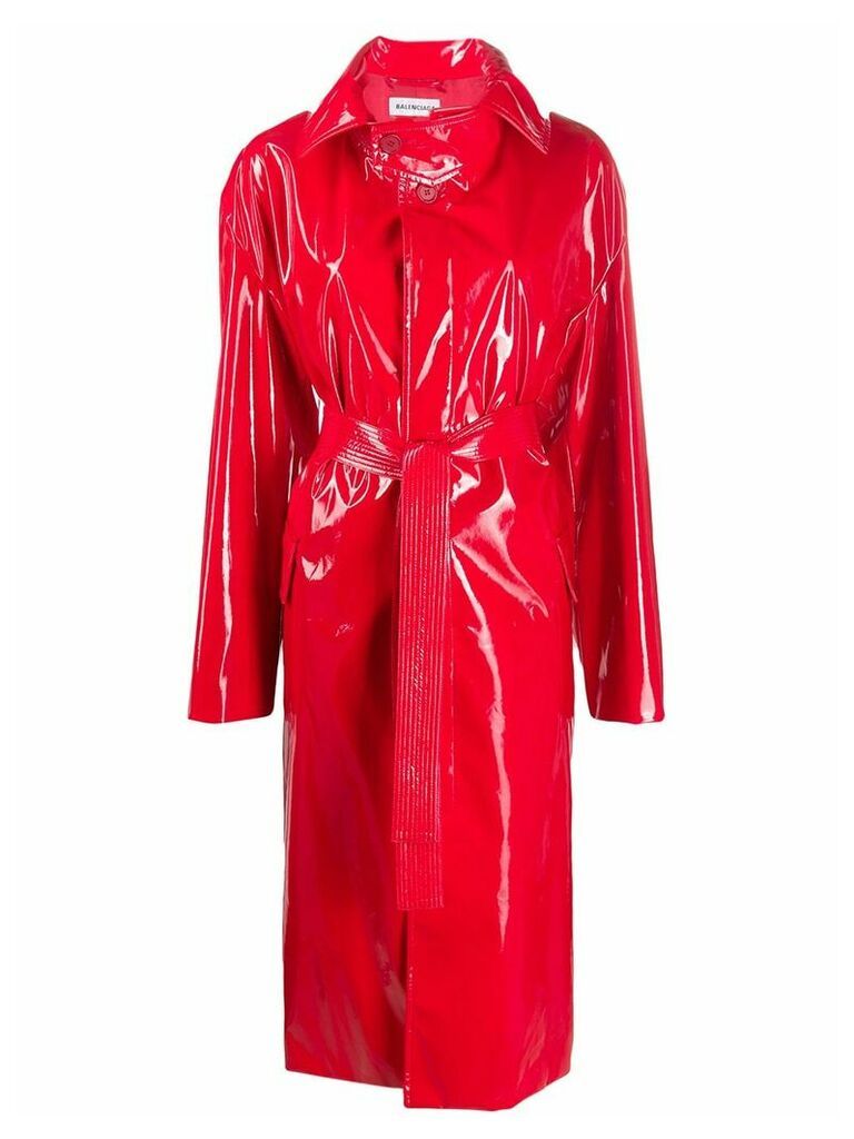 Balenciaga vinyl effect belted trench coat - Red