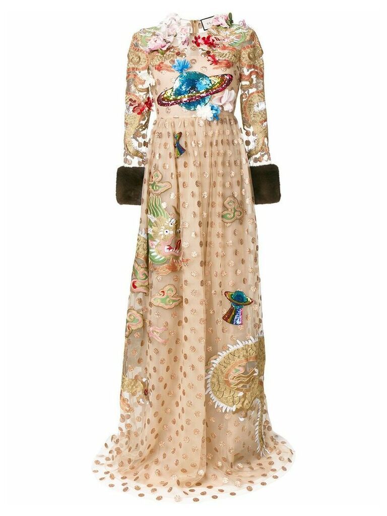 Gucci embroidered polka dot tulle gown - NEUTRALS