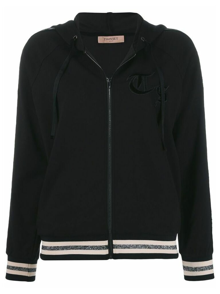 Twin-Set stripe detail zipped hoodie - Black
