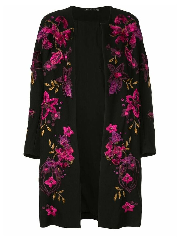 Josie Natori floral-embroidered collarless coat - Black