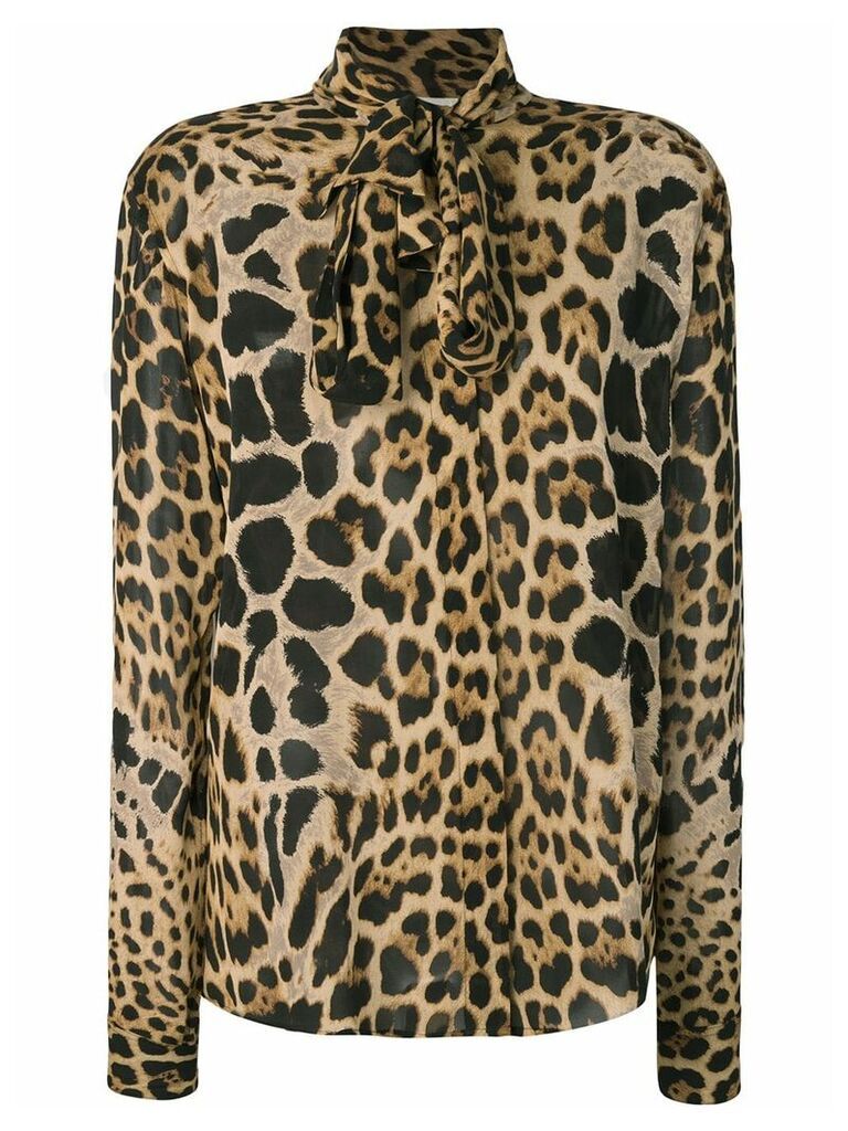Saint Laurent leopard print pussybow shirt - Brown